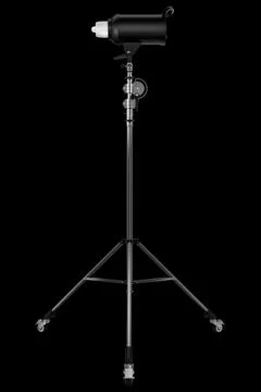 Photography studio flash on a tripod or stand isolated on black background. Stock Illustration