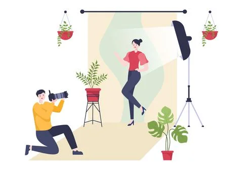 Photography Studio Flat Design Background. Photographer Shooting Model with L Stock Illustration