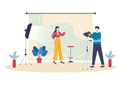 Photography Studio Flat Design Background. Photographer Shooting Model with L Stock Illustration