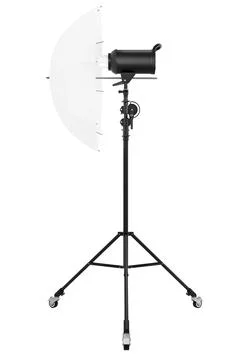 Photography studio lighting stand with flash and umbrella isolated on white Stock Illustration