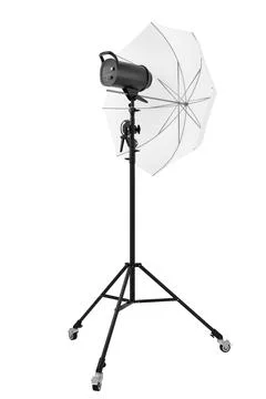 Photography studio lighting stand with flash and umbrella isolated on white Stock Illustration