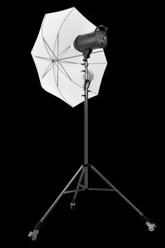 Photography studio lighting stand with flash and umbrella isolated on black Stock Illustration
