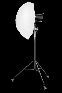Photography studio lighting stand with flash and umbrella isolated on black Stock Illustration