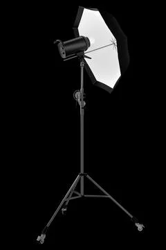 Photography studio lighting stand with flash and umbrella isolated on black Stock Illustration