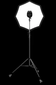 Photography studio lighting stand with flash and umbrella isolated on black Stock Illustration