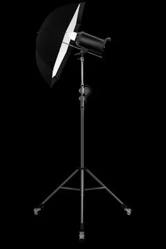 Photography studio lighting stand with flash and umbrella isolated on black Stock Illustration