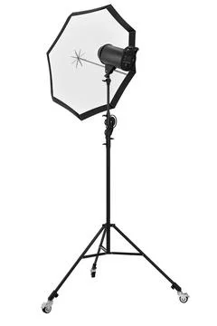 Photography studio lighting stand with flash and umbrella isolated on white Stock Illustration