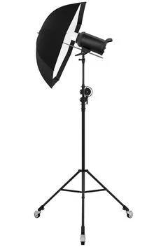 Photography studio lighting stand with flash and umbrella isolated on white Stock Illustration