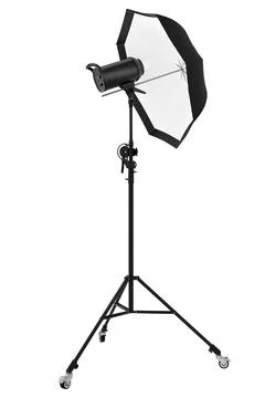 Photography studio lighting stand with flash and umbrella isolated on white Stock Illustration
