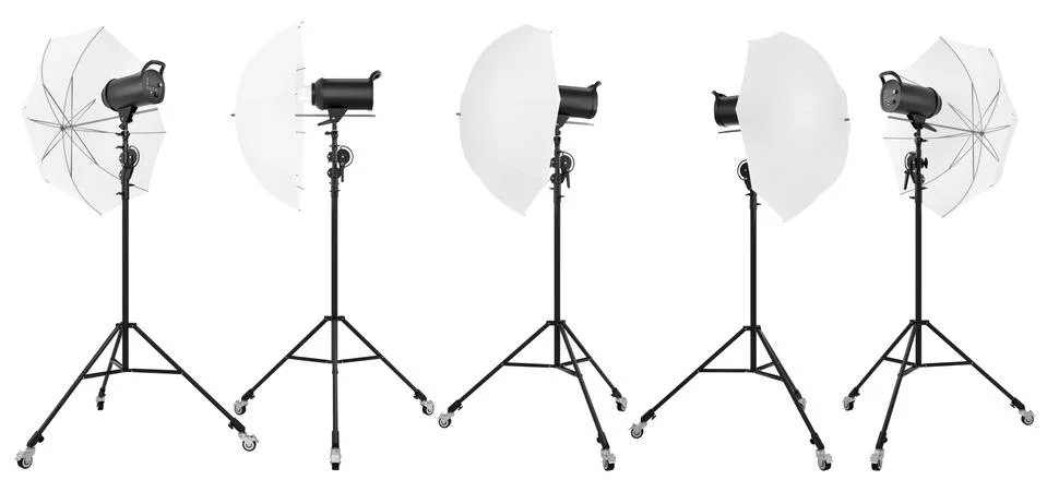 Photography studio lighting stand with flash and umbrella isolated on white Stock Illustration