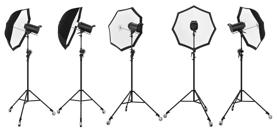 Photography studio lighting stand with flash and umbrella isolated on white Stock Illustration