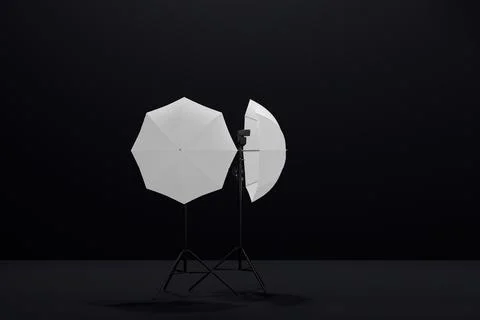 Photography studio lighting stand with flash and umbrella isolated on black Stock Illustration