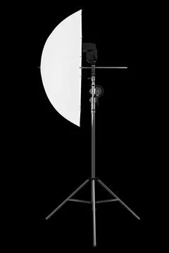 Photography studio lighting stand with speedlight and umbrella isolated on bl Stock Illustration