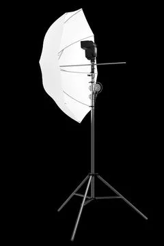 Photography studio lighting stand with speedlight and umbrella isolated on bl Stock Illustration
