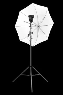 Photography studio lighting stand with speedlight and umbrella isolated on bl Stock Illustration