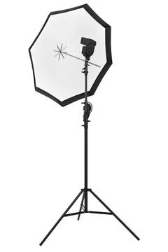 Photography studio lighting stand with speedlight and umbrella isolated on wh Stock Illustration
