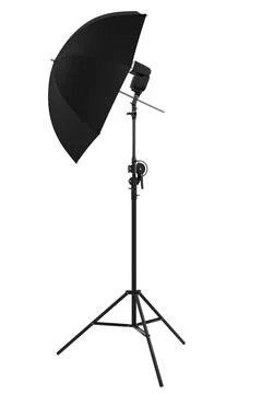 Photography studio lighting stand with speedlight and umbrella isolated on wh Stock Illustration