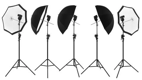 Photography studio lighting stand with speedlight and umbrella isolated on white Stock Illustration