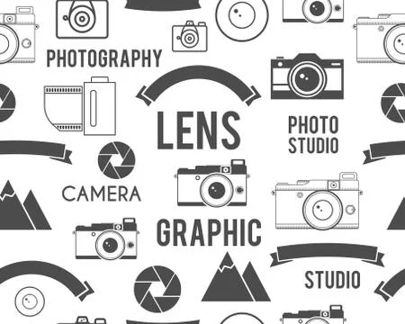 Photography symbols elements seamless pattern. Outdoor photo, graphic studio Illustrazione stock