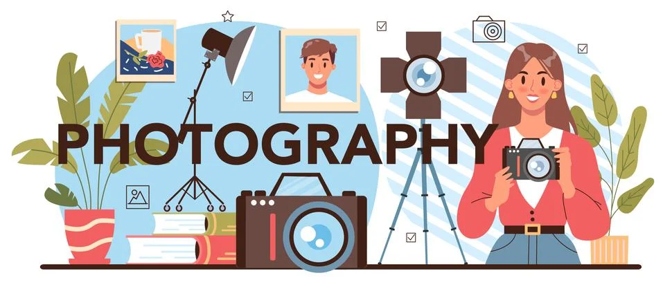Photography typographic header. Students lerning to take photos Stock Illustration