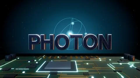 PHOTON 3D Text with an Atomic Orbit on a Circuit Board Stock Illustration