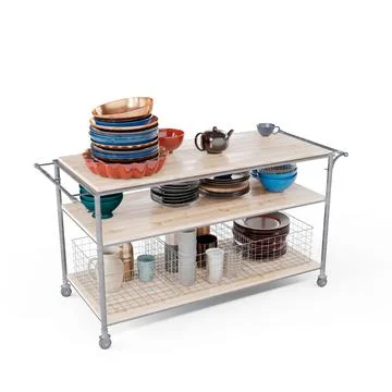 Photorealistic 3D render of kitchen racks with plates and cups isolated on a whi Illustrazione stock