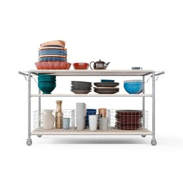Photorealistic 3D render of kitchen racks with plates and cups isolated on a whi Illustrazione stock