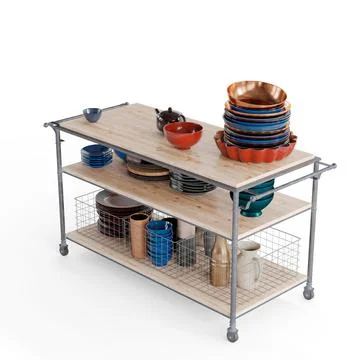 Photorealistic 3D render of kitchen racks with plates and cups isolated on a whi Illustrazione stock