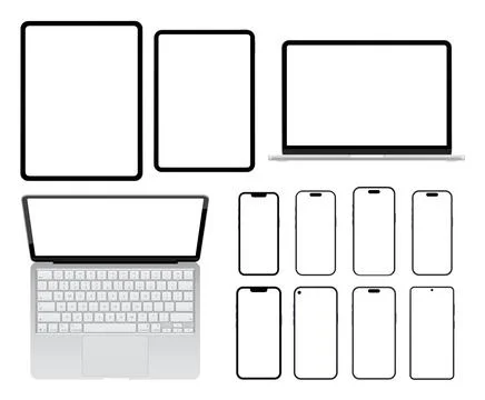 Photorealistic mobile device empty screen collection mockup: smartphones, laptop Stock-Illustration