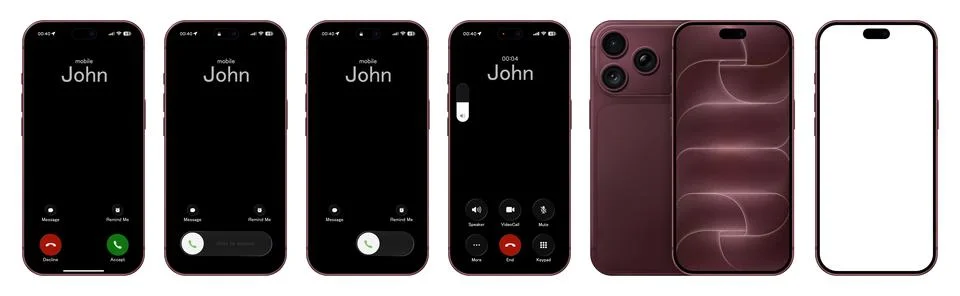 Photorealistic modern black phone with basic call IU mockup with purple Stock Illustration