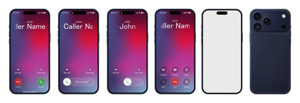 Photorealistic modern blue phone with basic call IU mockup with purple Stock Illustration