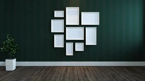 Photos frames with Lined green wallpaper wall, wooden floor and plant concept Stock Illustration