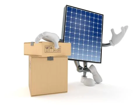 Photovoltaic panel character with stack of boxes Illustrazione stock
