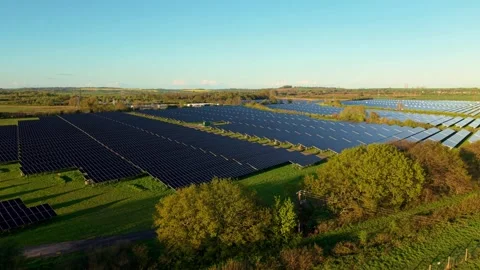 Photovoltaic Solar Array and Sunlit Panels in Tiln Drone Flyover England Vídeo Stock 346141088