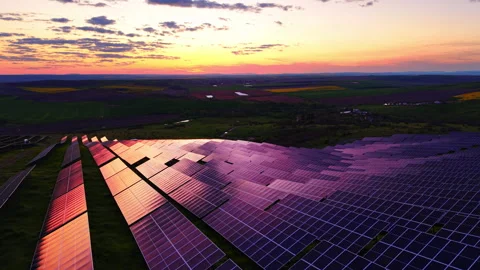 Photovoltaic solar array field at twilight dusk, Bulgaria Stock Footage 337204835