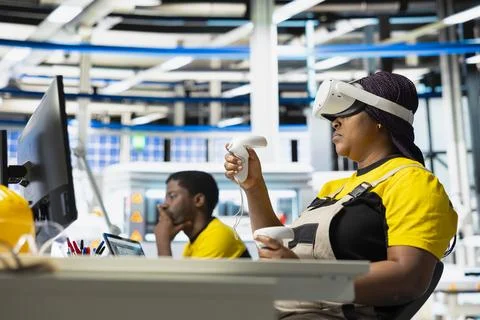 Photovoltaics facility engineer using VR tech to build generators for solar cell Stock Photos