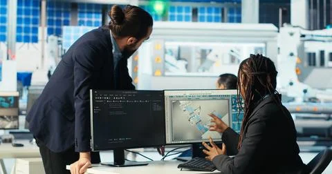 Photovoltaics factory admin coding, presenting progress to manager Stock Photos