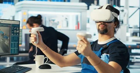 Photovoltaics factory engineer analyzing data using VR headset Stock Photos
