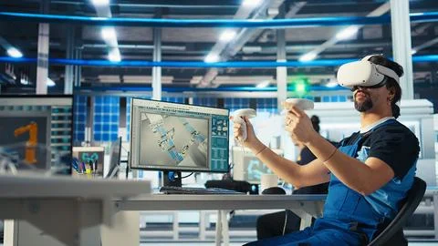 Photovoltaics factory engineer analyzing data using VR headset Stock Photos