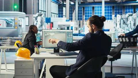 Photovoltaics factory engineer taking notes after adjusting system parameters Stock Photos