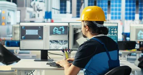 Photovoltaics factory engineer using PC to test robot arms solar panels Stock Photos