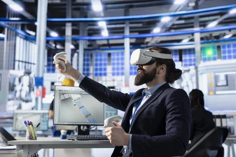 Photovoltaics factory engineer using VR gear to conduct machinery testing Foto stock