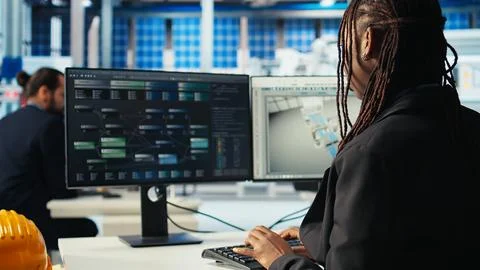 Photovoltaics factory programmer analyzing data with machine learning tech Stock Photos