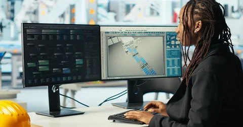 Photovoltaics factory programmer analyzing data with machine learning tech Stock Photos