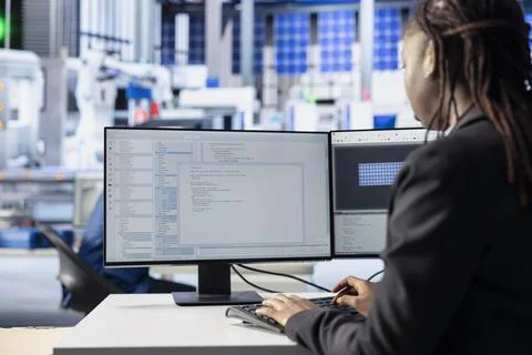 Photovoltaics factory programmer coding app on PC Stock-Fotos