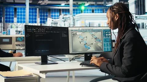 Photovoltaics factory programmer coding app monitoring system performance Stock-Fotos