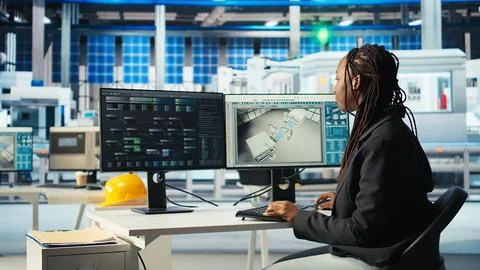 Photovoltaics factory programmer coding, improving solar panels efficiency Stock-Fotos