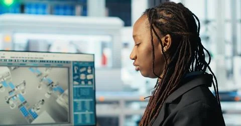 Photovoltaics factory programmer coding, improving solar panels efficiency Stock Photos