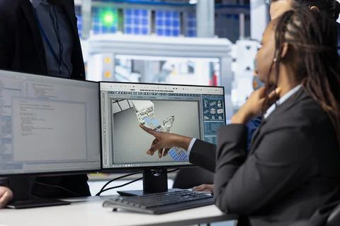 Photovoltaics factory programmer coding on PC presents modifications to manager Stock Photos