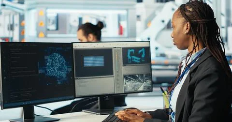 Photovoltaics factory programmer using AI to monitor system performance Foto stock